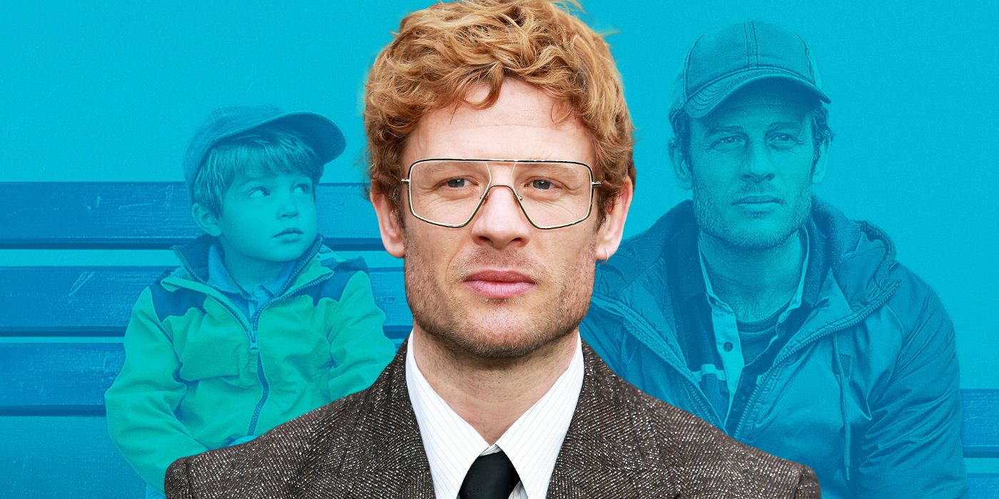 James Norton wearing glasses with an image of Nowhere Special in the background