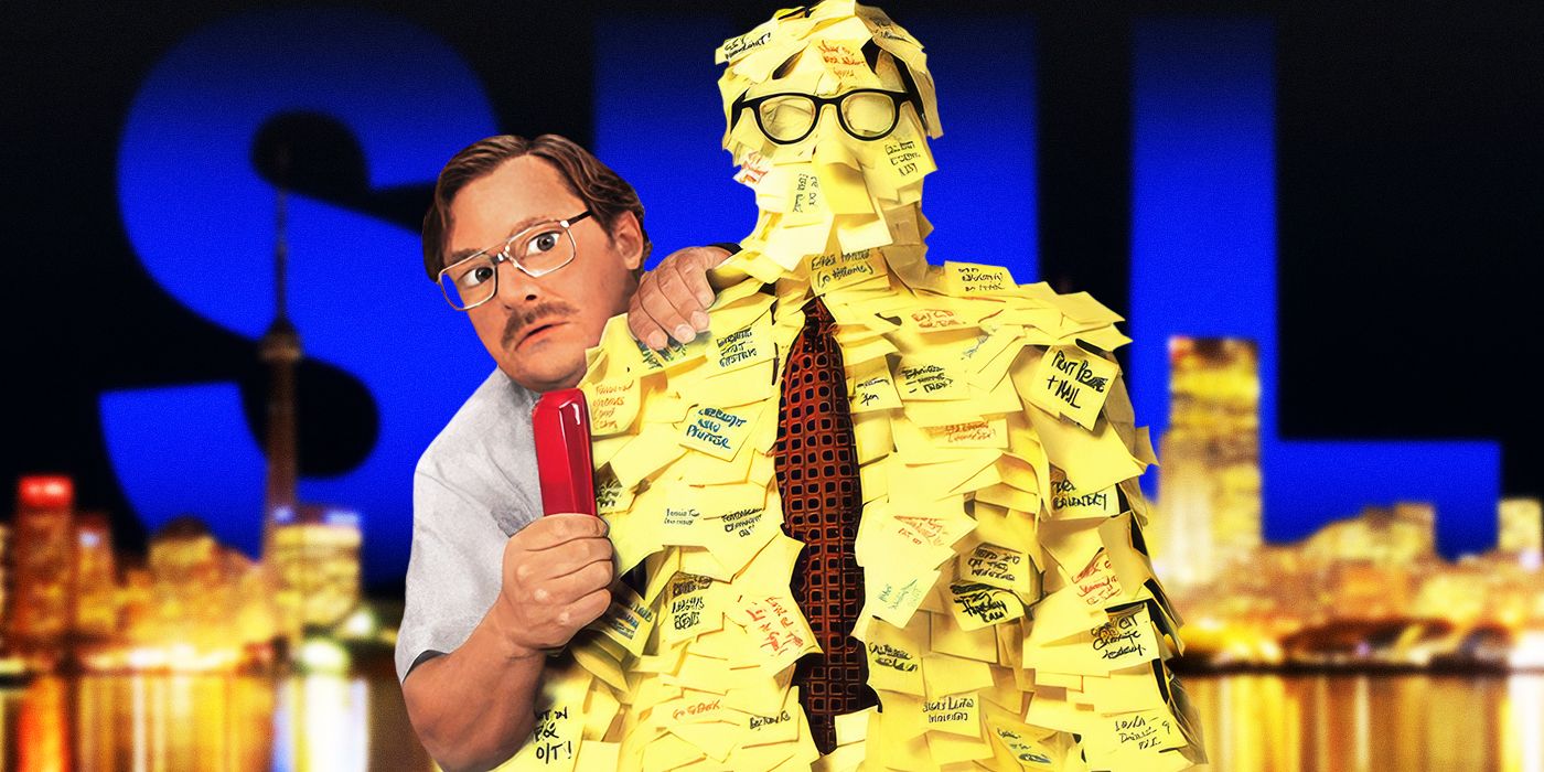 Stephen Root peeking behind a man covered in sticky notes from Office Space with SNL in the background