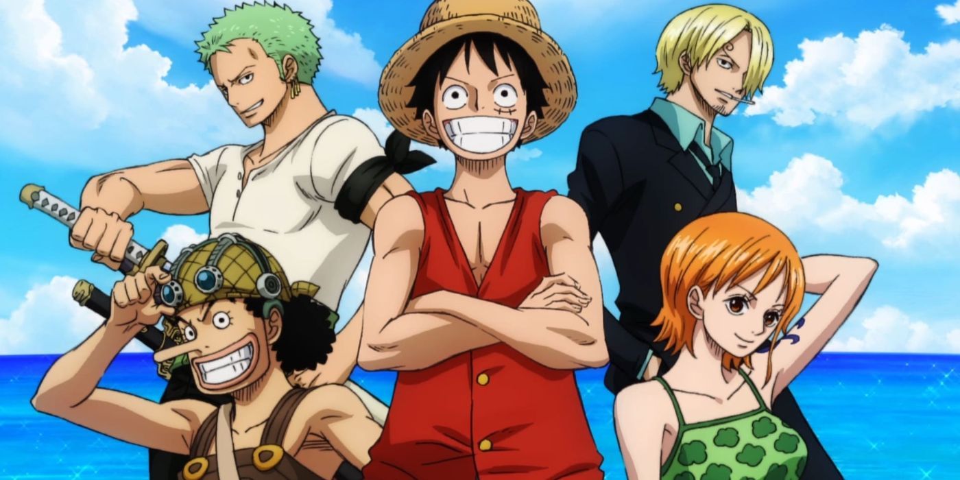 Top row (left to right): Zoro brandishing a sword, Luffy smiling broadly, and Sanji brooding. Bottom row (l to r): Usopp saluting, and Nami posing