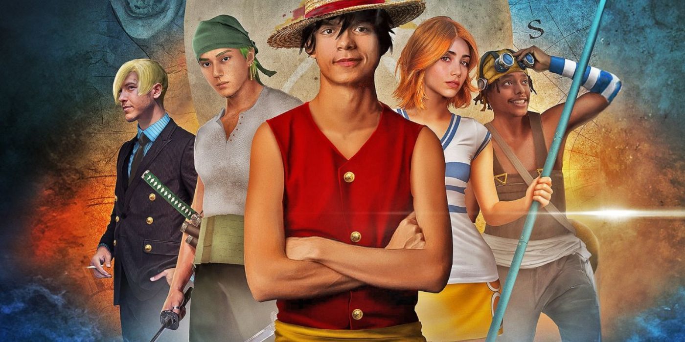 From left to right: Sanji (Taz Skylar), Zoro (Mackenyu), Monkey D. Luffy (Inaki Godoy), Nami (Emily Rudd), & Usopp (Jacob Romero Gibson)