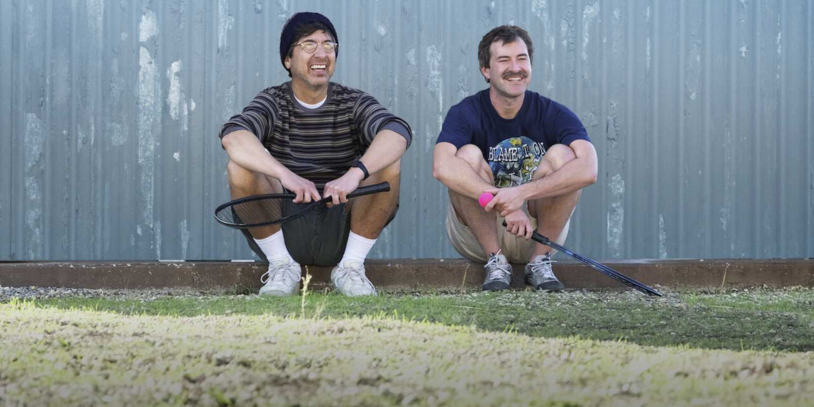 Mark Duplass and Ray Romano laughing in Paddleton