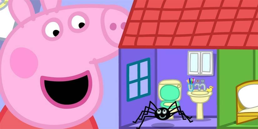 Peppa Pig smiling at Mr. Skinny-Legs in a little house in the 'Peppa Pig' Season 4 episode "Spider Web"