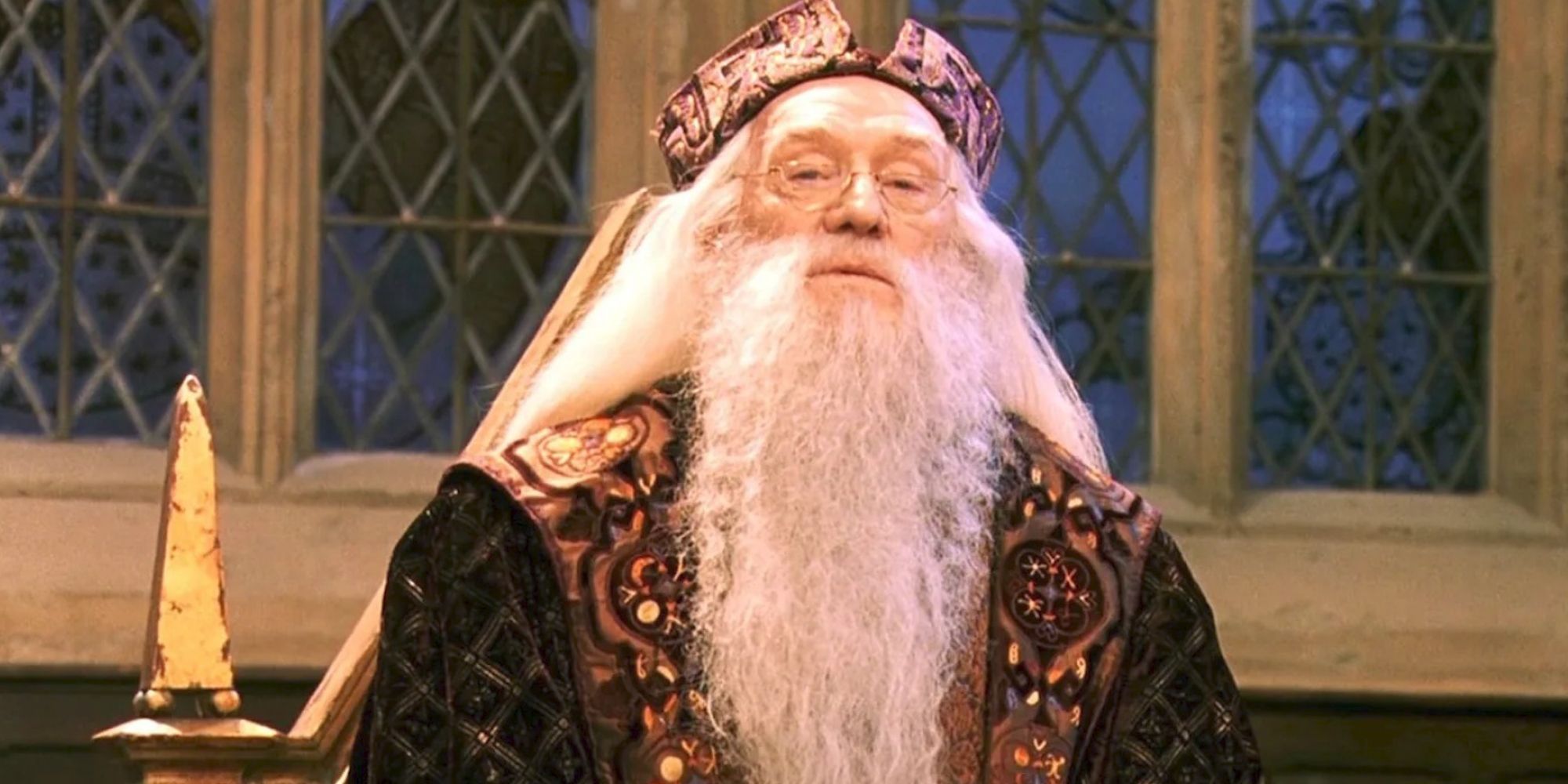 Dumbledore giving a speech in Harry Potter and the Philosopher's Stone