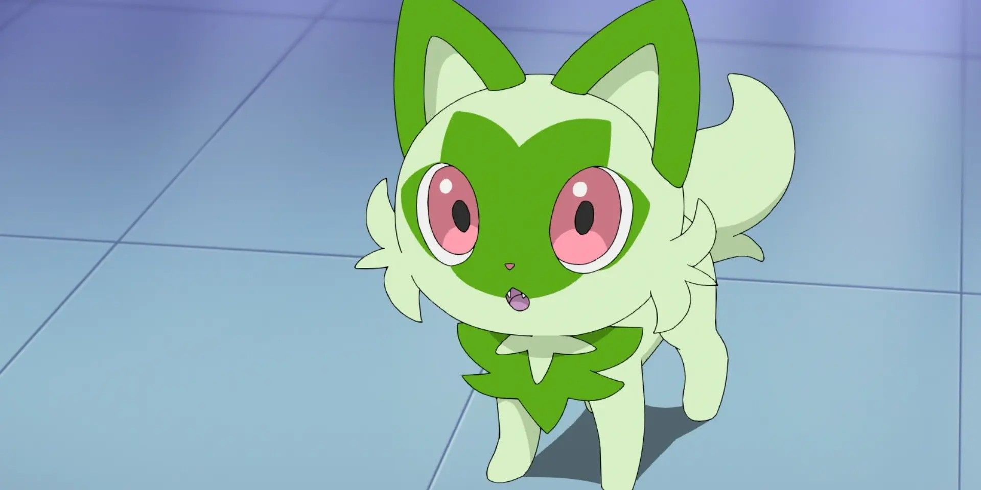 A still from the Pokémon anime featuring Sprigatito, the Grass Cat Pokémon