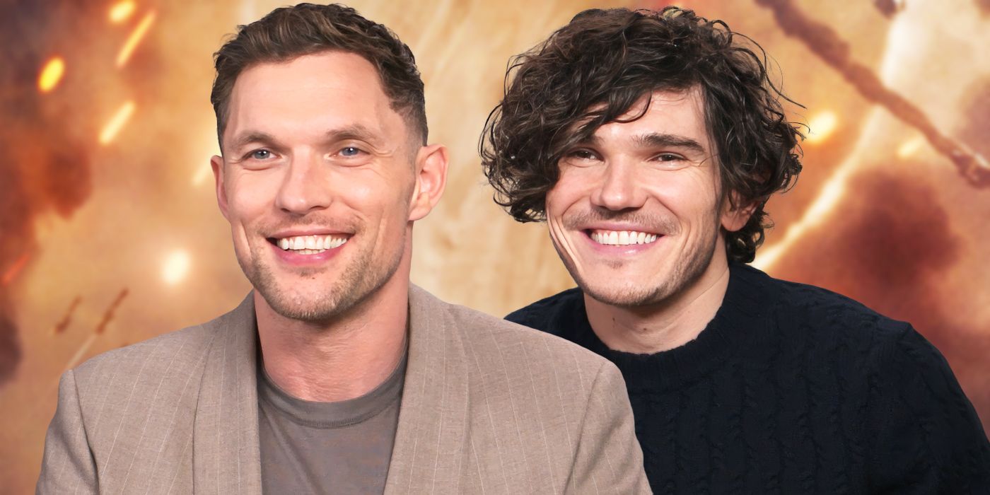 Ed Skrein and Fra Fee smiling during an interview for Rebel Moon: Part 2 — The Scargiver