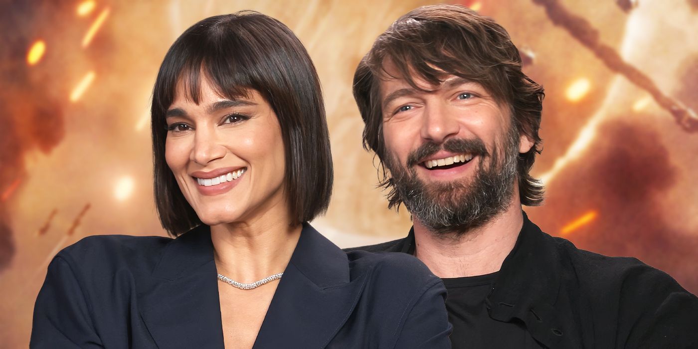 Sofia Boutella and Michiel Huisman smiling during an interview for Rebel Moon: Part 2 — The Scargiver  