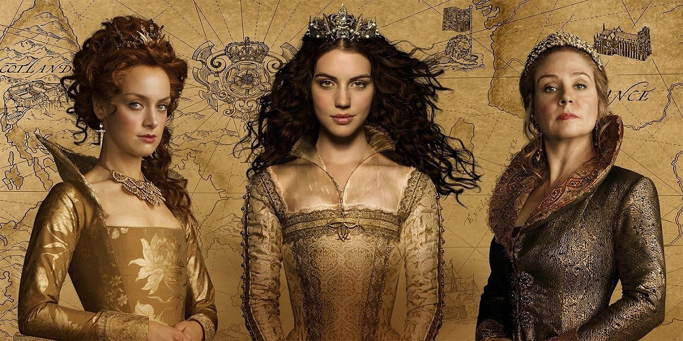 Adelaide Kane, Megan Follows, Rachel Skarsten dressed in gowns with crowns on in the show Reign