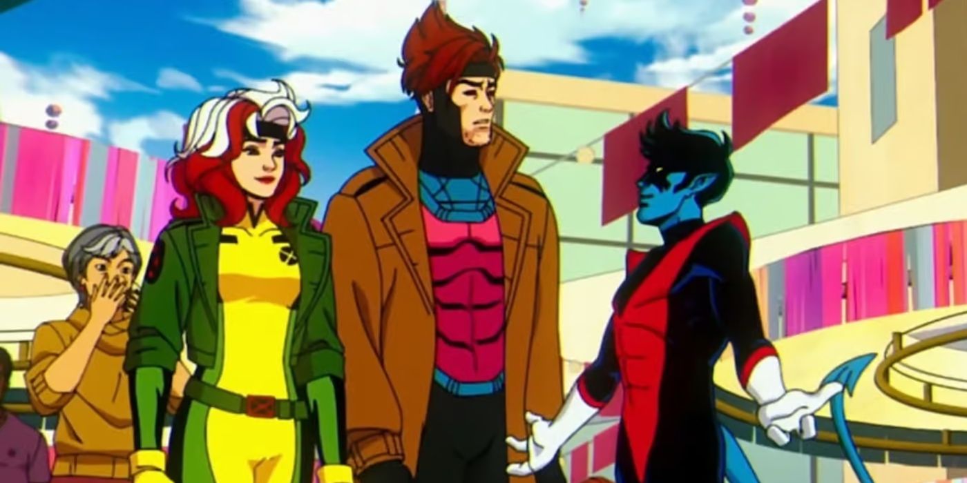 Rogue and Gambit meet and chat with nightcrawler in the Genosha town square