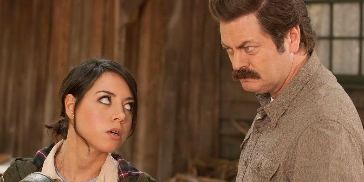 April Ludgate (Aubrey Plaza) and Ron Swanson (Nick Offerman) in Parks and Recreation