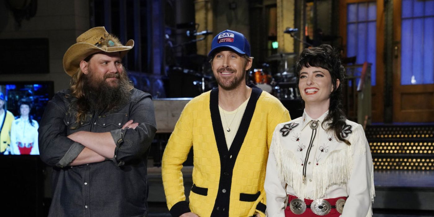 Chris Stapleton, Ryan Gosling, and Sarah Sherman in a promo for Saturday Night Live.