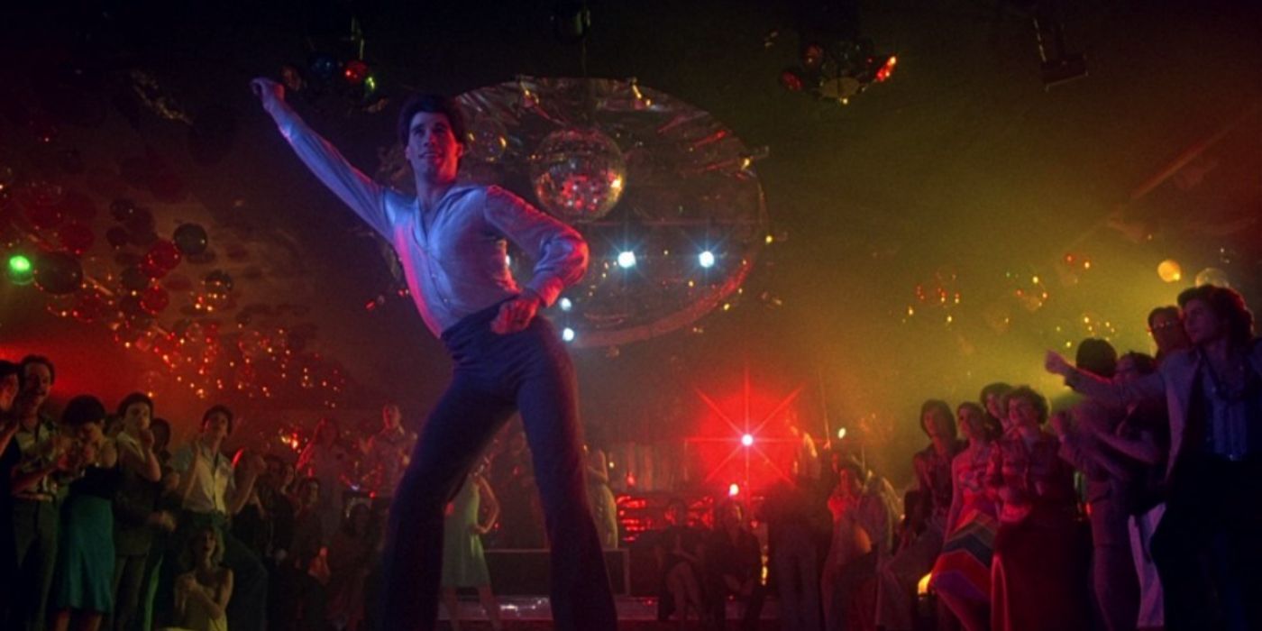 John Travolta as Tony on the dance floor in silk shirt in 'Saturday Night Fever'