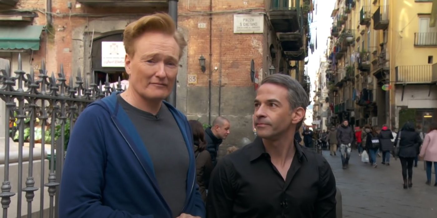 Conan O'Brien and Jordan Schlansky on the street in Conan in Italy