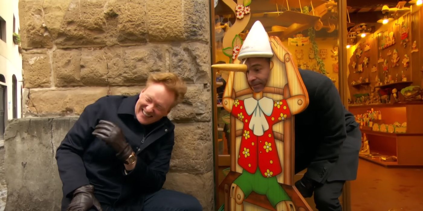 Conan O'Brien and Jordan Schlansky with a Pinocchio diorama in Conan in Italy