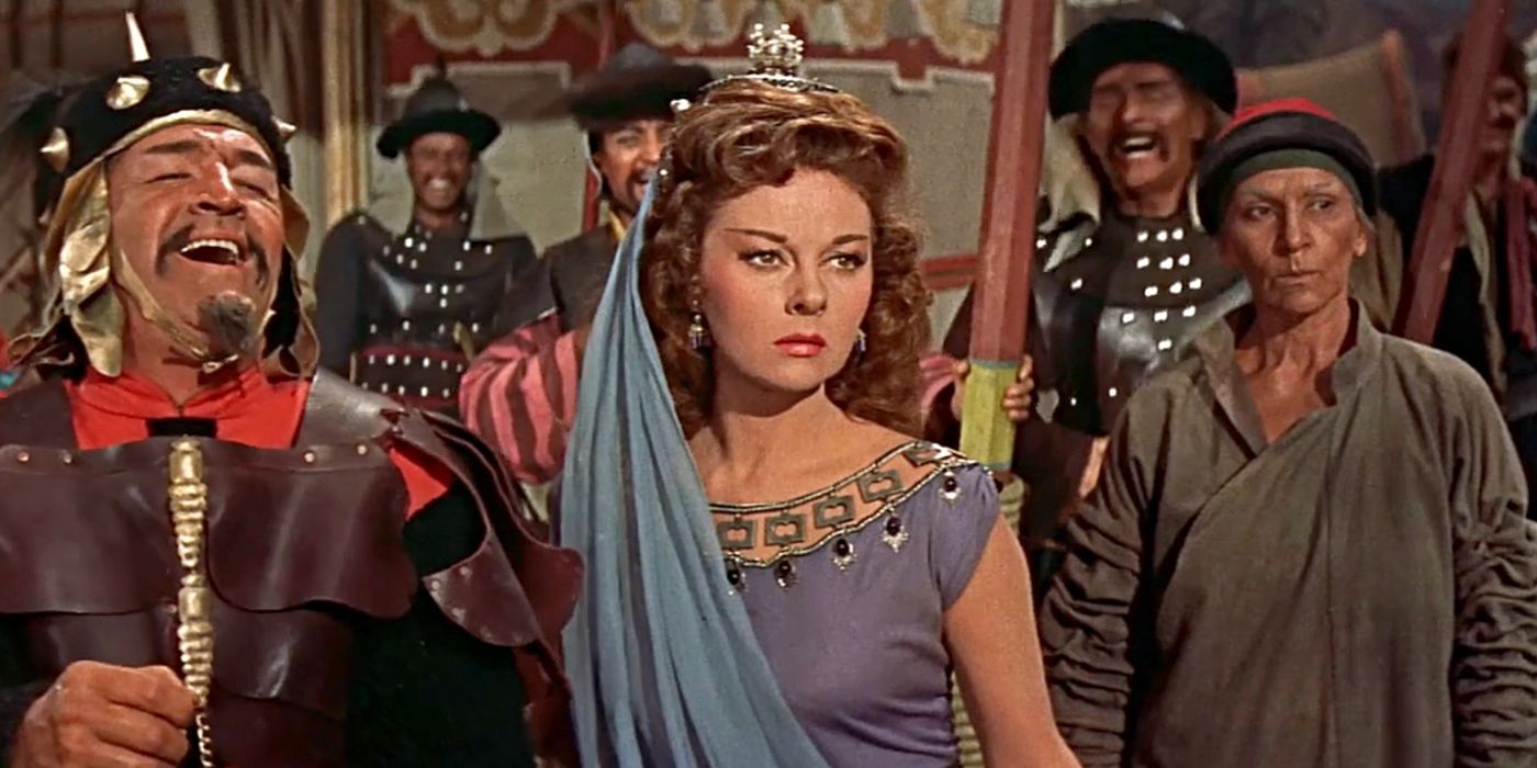 Susan Hayward, Ted de Corsia, Jeanne Gerson as Bortai, Kumlek, and Bortai's Slave Woman in The Conqueror