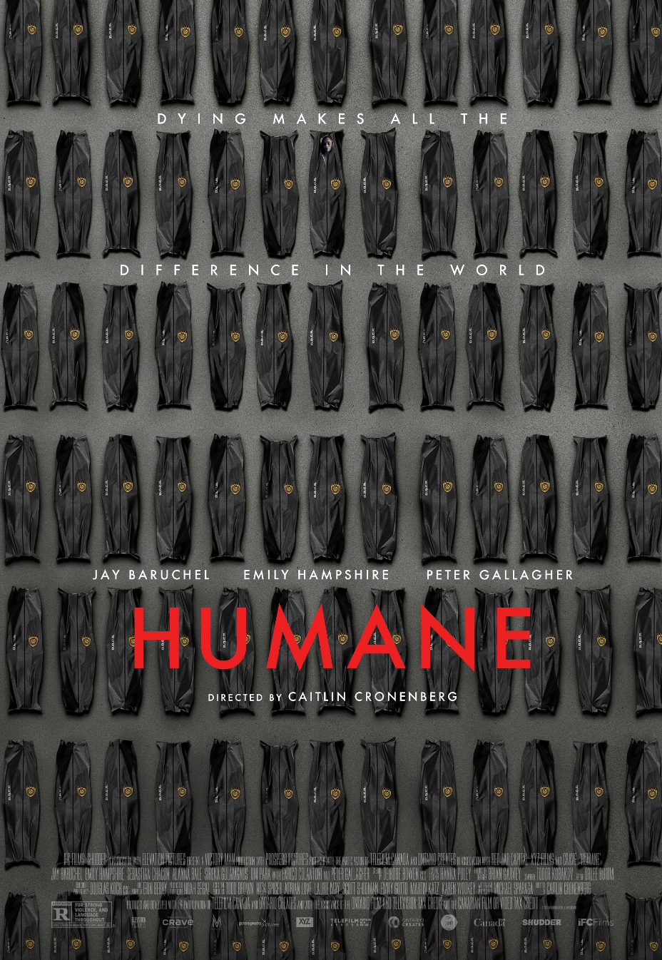 Movie poster for Caitlin Cronenberg's Humane, featuring dozens of body bags lined up in rows