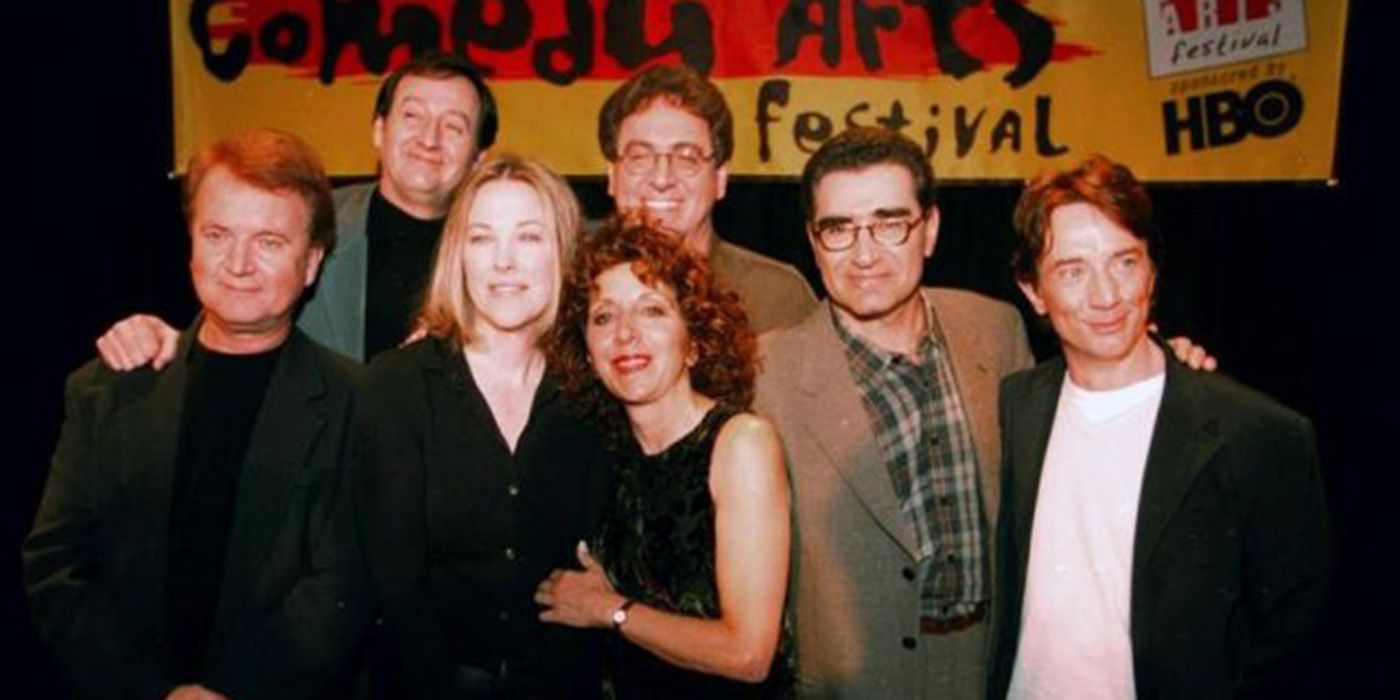 The ensemble cast of SCTV including Catherine O'Hara, Eugene Levy, Harold Ramis, Joe Flaherty, Gilda Radner, and Martin Short.