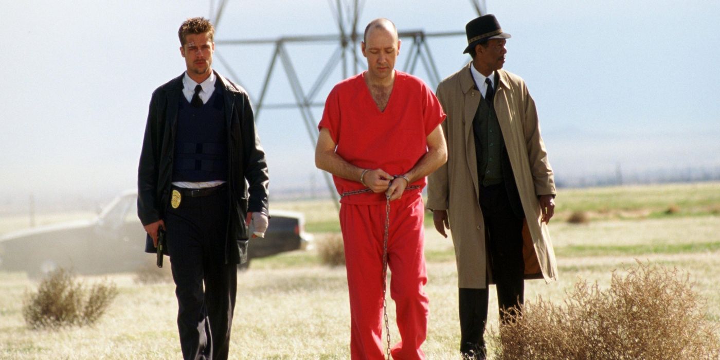 Brad Pitt as Mills, Kevin Spacey as John Doe, and Morgan Freeman as Somerset in David Fincher's Seven