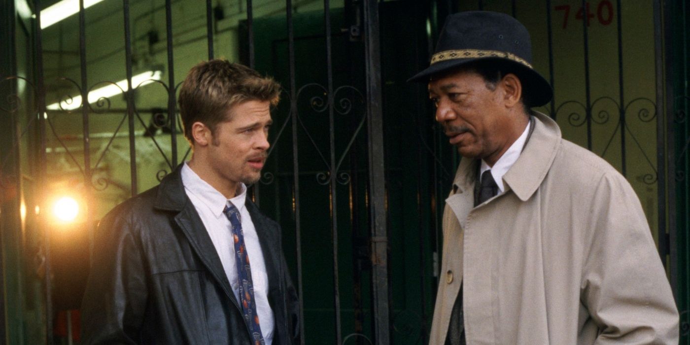 Brad Pitt as Mills and Morgan Freeman as Somerset having a conversation in David Fincher's Se7en