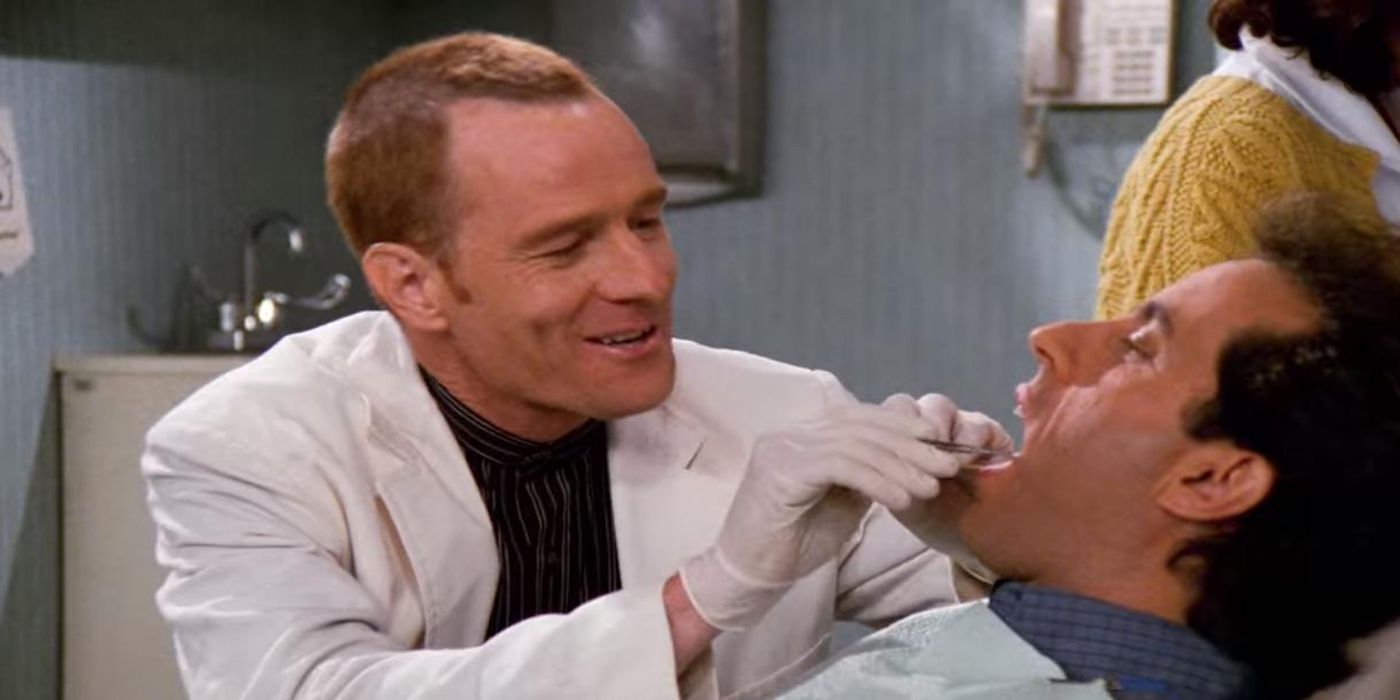 Jerry, played by Jerry Seinfeld, has his teeth checked by Tim Whatley, played by Bryan Cranston