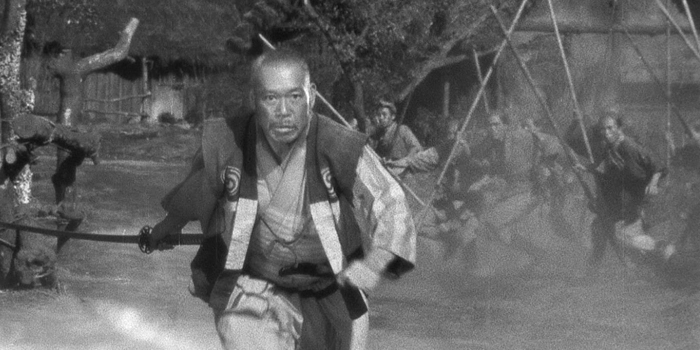 Kambei approaching something with a determined expression on his face in Seven Samurai