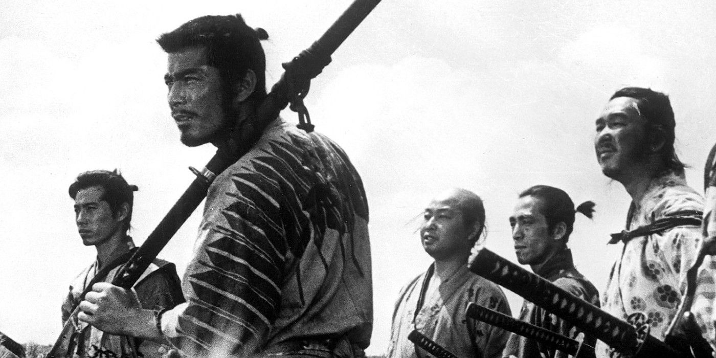 The Seven Samurai stand assembled in one of the film's more iconic moments.