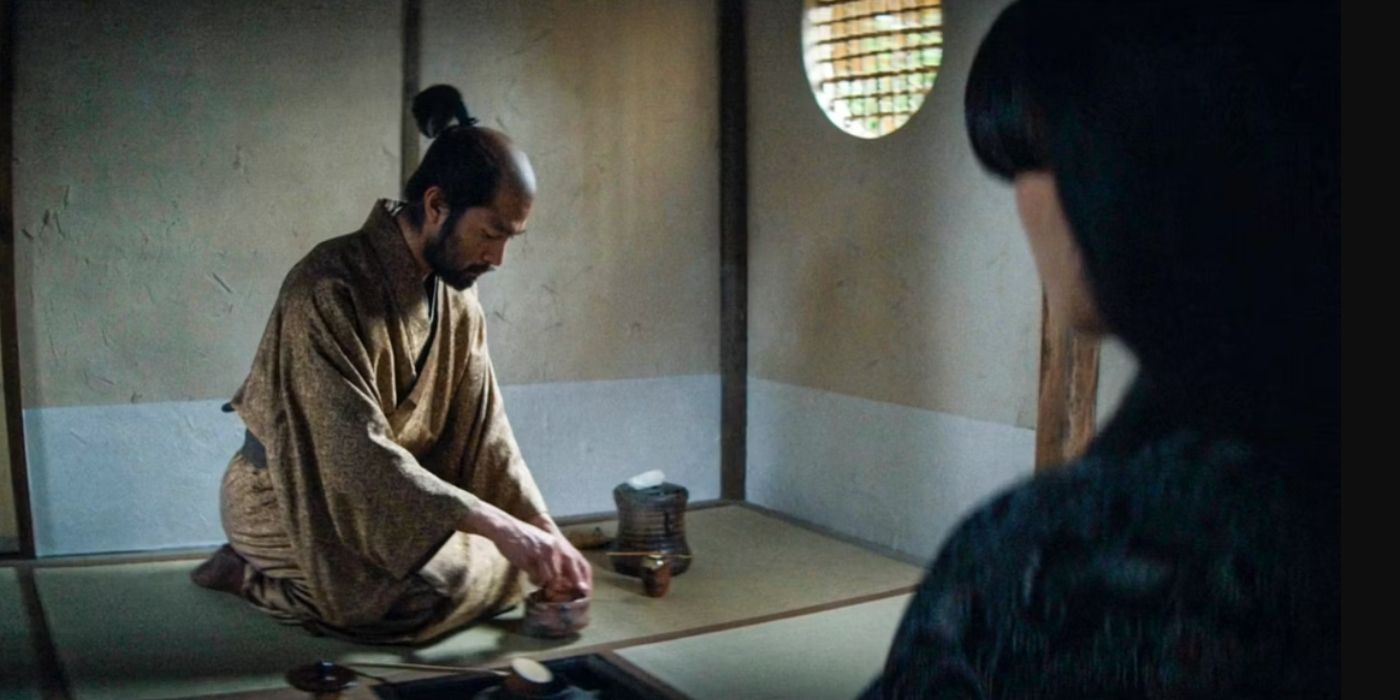 Buntaro (Shinnosuke Abe) prepares tea for Mariko (Anna Sawai) in a tea ceremony in the series Shogun.