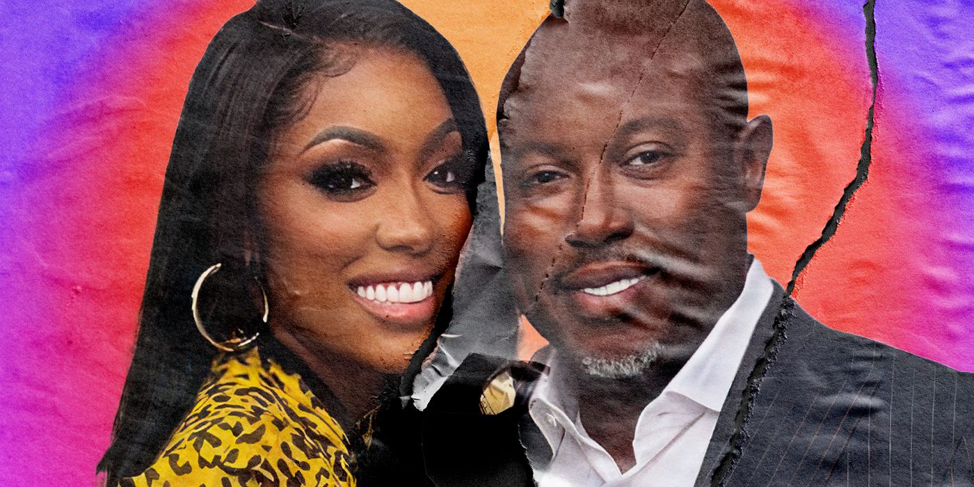 Simon Guobadia and Porsha Williams in a custom image featuring the two on a ripped poster