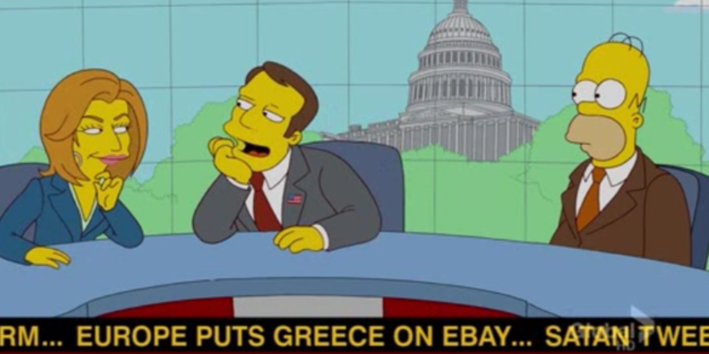 Homer Simpson sits on a news program as the two co-hosts flirt with each other in &lsquo;The Simpsons&rsquo; Season 23, Episode 10 &ldquo;Politically Inept, With Homer Simpson&rdquo; (2012)