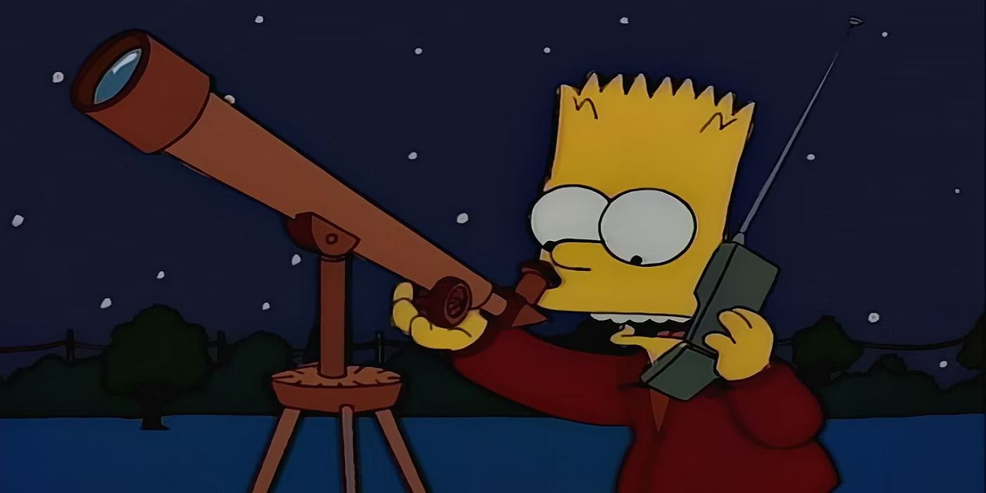 Bart looking through a telescope at the night sky while talking on a cell phone in the Simpsons episode "Bart's Comet"