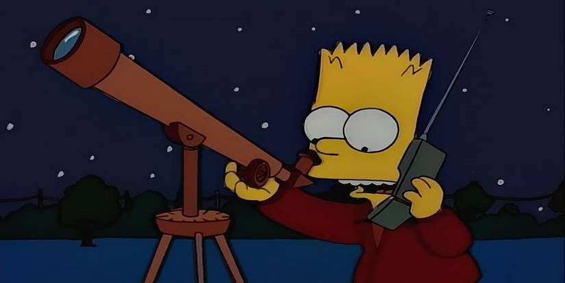 Bart looks through a telescope at a night sky and talks on a cell phone in the Simpsons episode Bart's Comet.