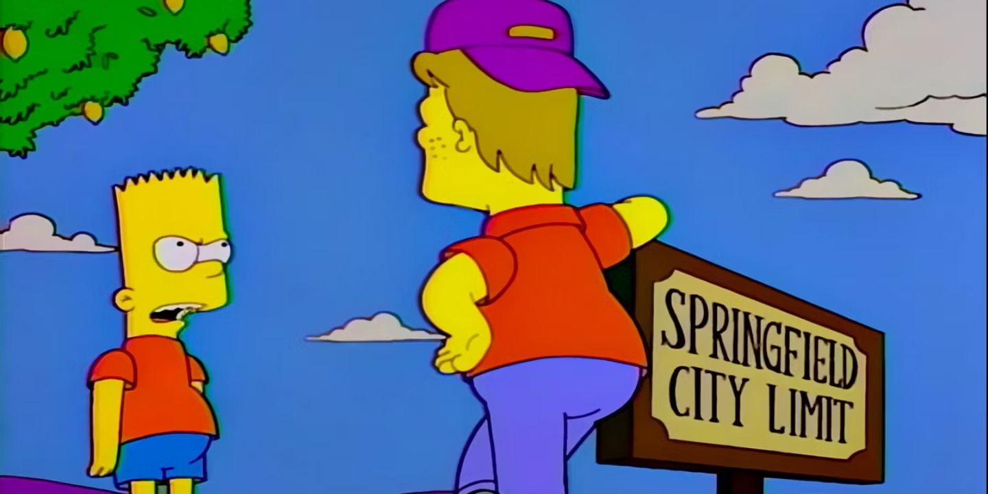 Bart Simpson talking with Shelby on the border between Springfield and Shelbyville in the Simpsons episode "Lemon of Troy"