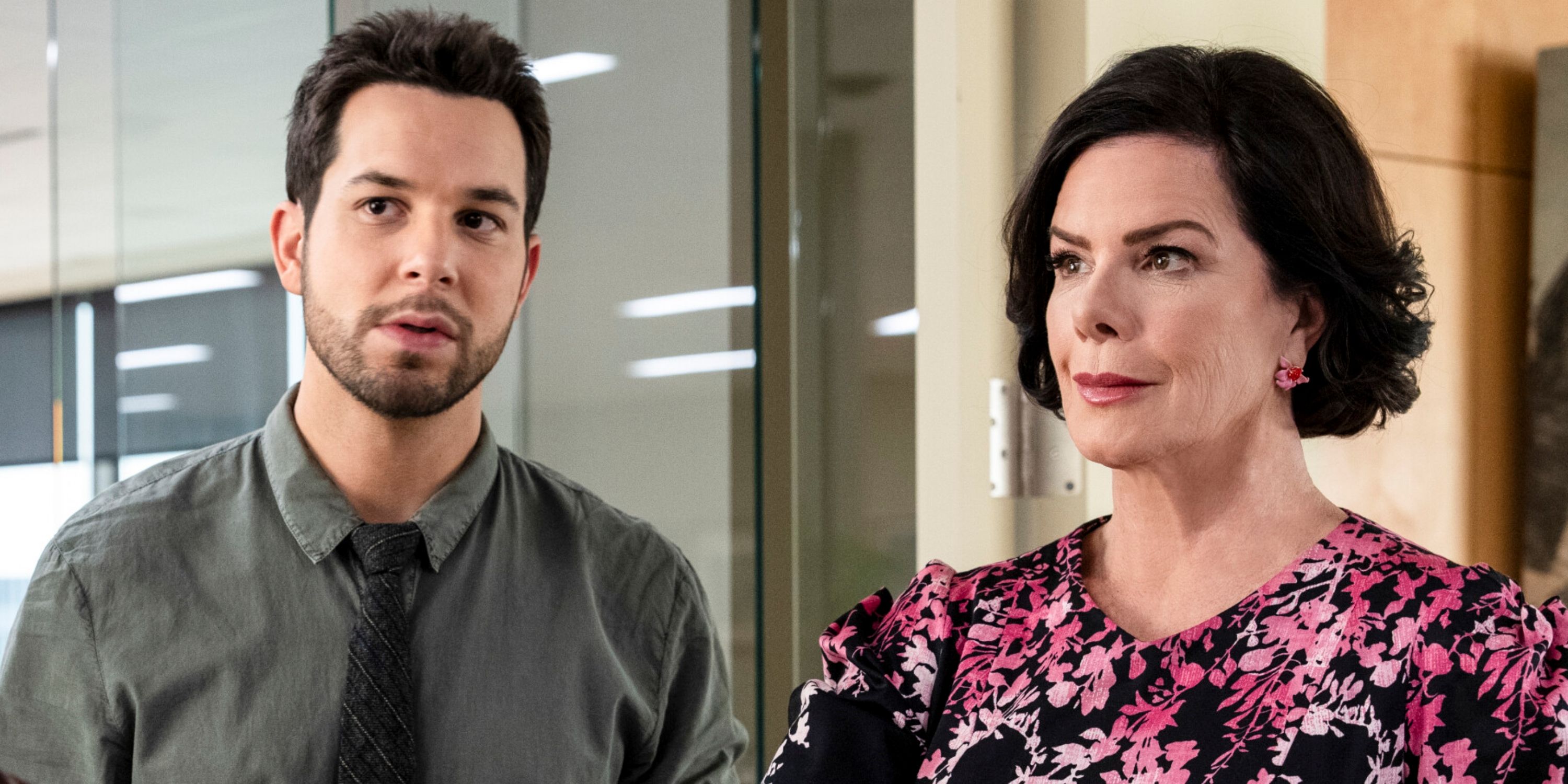 Skylar Astin as Todd and Marcia Gay Harden as Margaret standing together in Season 2 of CBS' So Help Me Todd