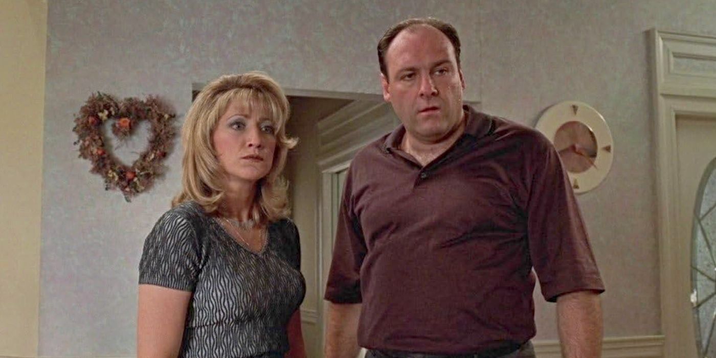 James Gandolfini and Edie Falco as Tony and Carmela Soprano, looking frustrated in the "D-Girl" episode of The Sopranos