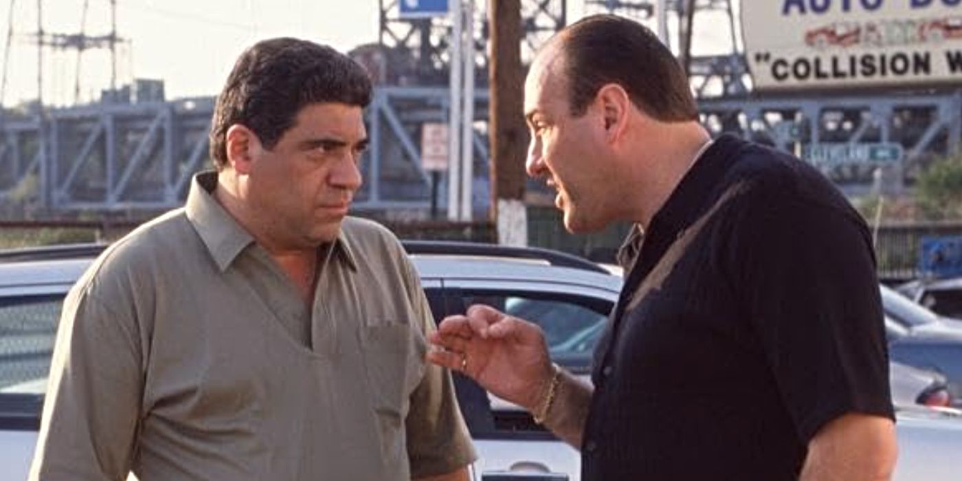 James Gandolfini as Tony Soprano, talking aggressively to Vincent Pastore as Salvatore Bonpensiero on The Sopranos