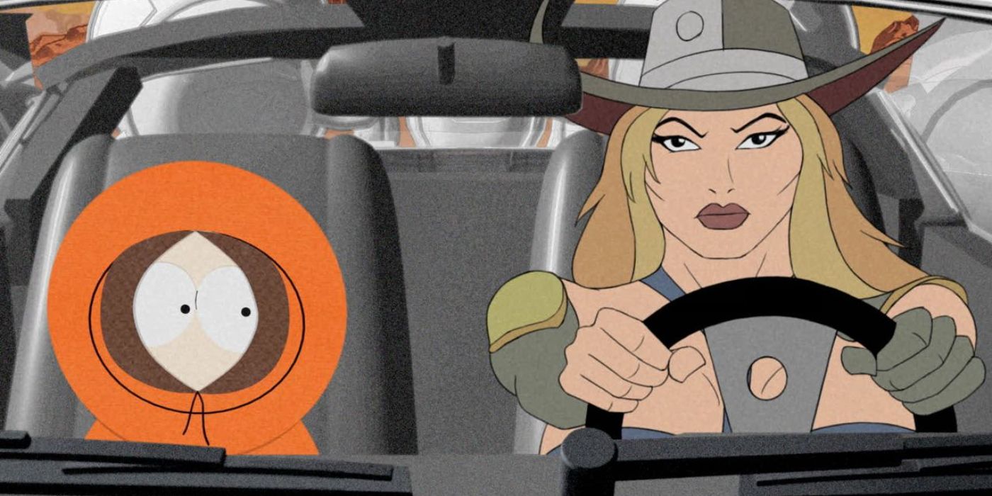 Kenny sits in a car with a blonde woman animated in the style of 'Heavy Metal' in 'South Park' Season 12, Episode 3 "Major Boobage" (2008)