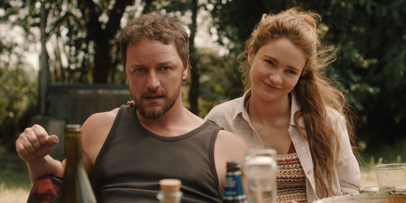C Paddy (James McAvoy) and Ciara (Aisling Franciosi) sit outside in Speak No Evil. I