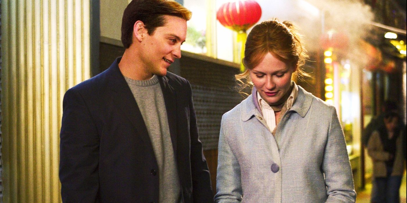 Tobey Maguire as Peter Parker and Kirsten Dunst as Mary Jane in Spider-Man 2.