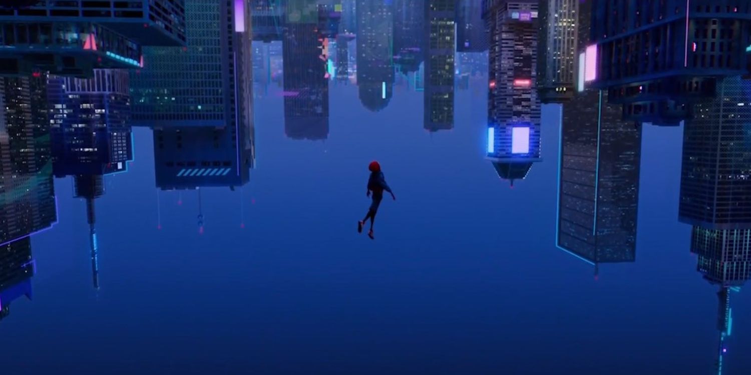 Miles dropping into New York City in Spider-Man: Into the Spider-Verse.