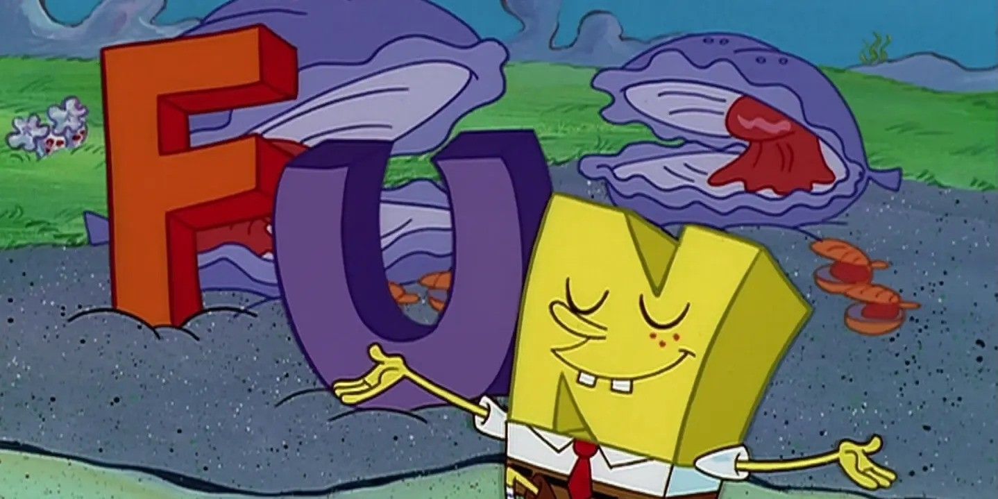 A still from the SpongeBob SquarePants episode "F.U.N." featuring SpongeBob taking the form of the letter N in order to spell out the word "Fun" in the iconic "F is for Friends" song