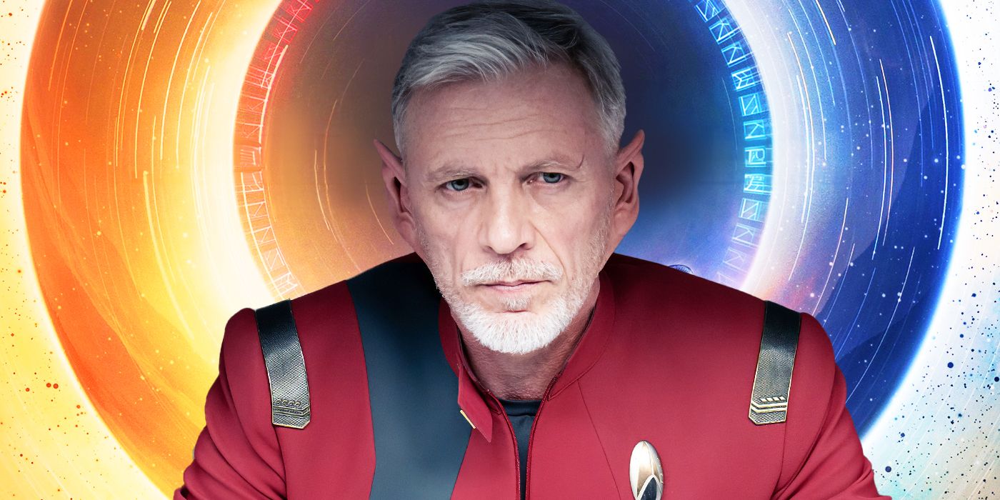 A custom image of Callum Keith Rennie in a Starfleet uniform in front of a blue and yellow image of Discovery 