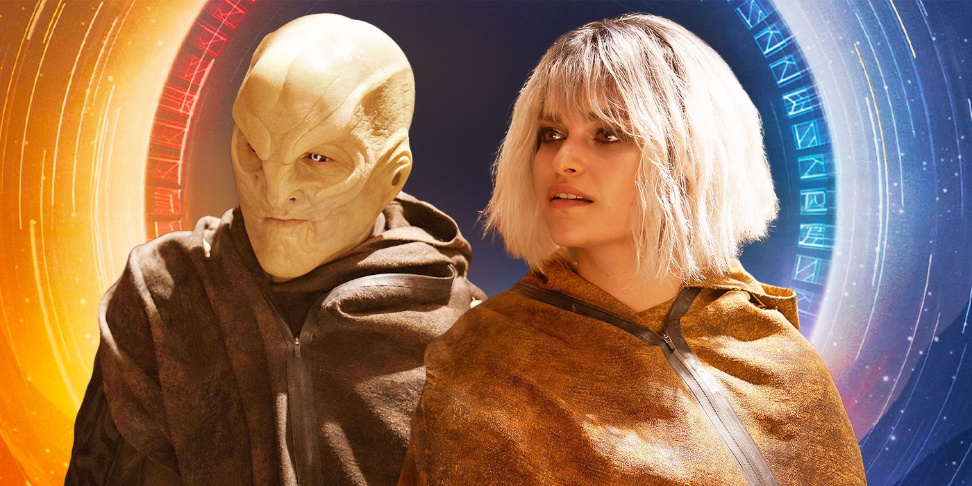 Eve Harlow and Elias Toufexis as Moll and L'ak in front of a blue and orange galaxy in Star Trek Discovery