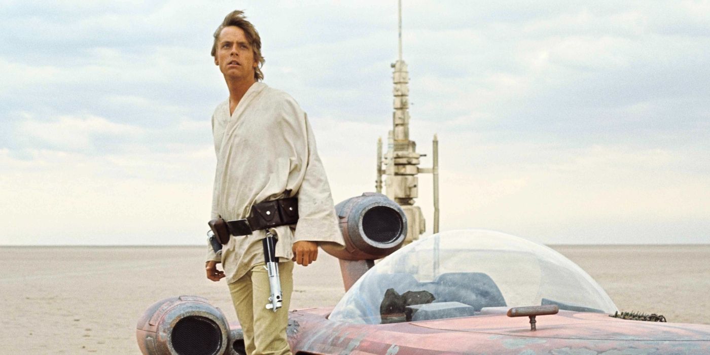 Mark Hamill as Luke Skywalker standing by a vehicle on a desert planet in Star Wars: Episode IV – A New Hope.