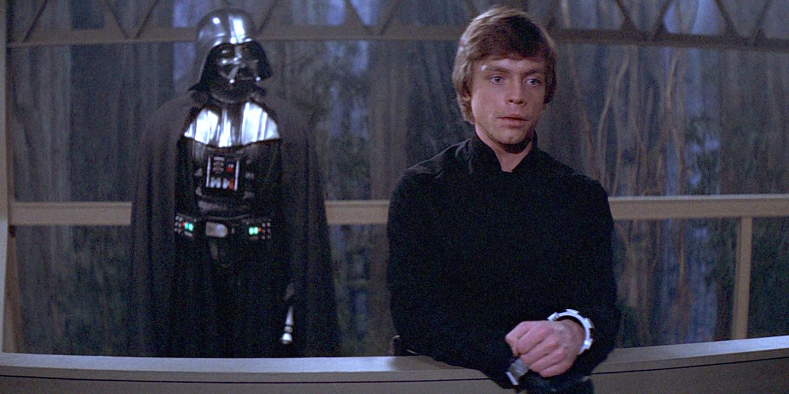 Luke Skywalker having a solemn conversation with Darth Vader in Return of the Jedi
