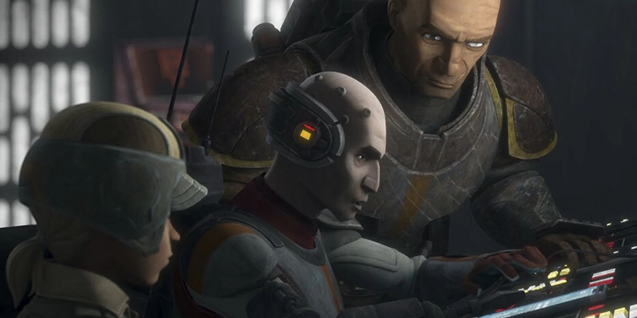 Echo working with Omega and Wrecker looking over his shoulder in Star Wars: The Bad Batch