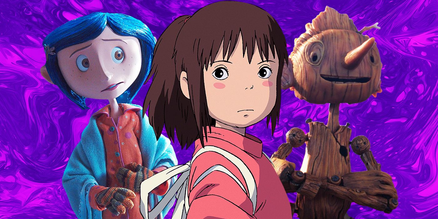 Stills from Coraline, Spirited Away, and Guillermo del Toro's Pinocchio