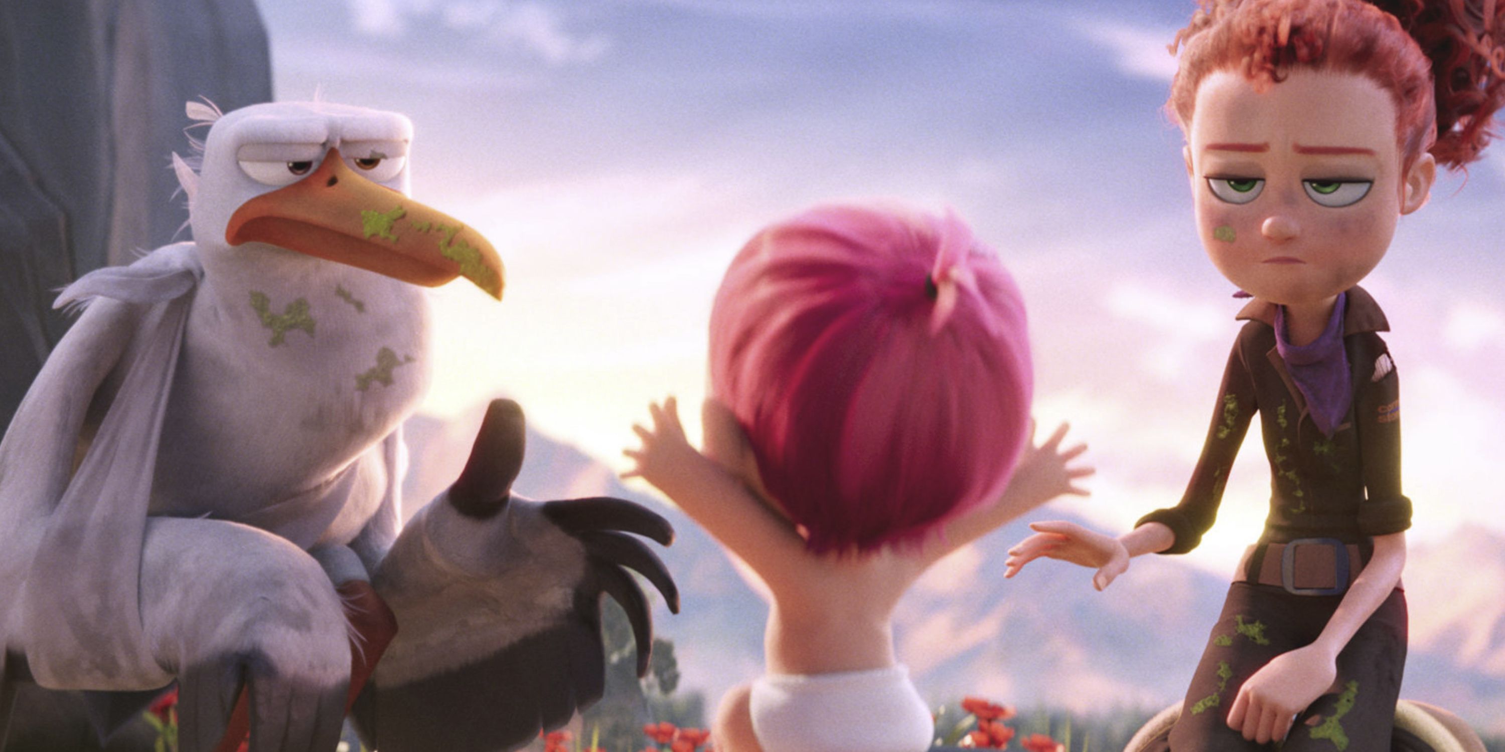 A stork and a woman look unenthusiastically at a baby in Storks