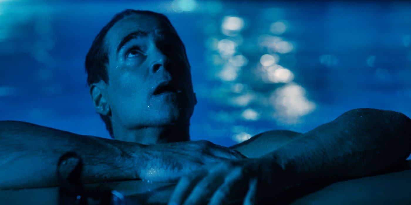 Colin Farrell in a swimming pool staring up at something in Episode 3 of Sugar