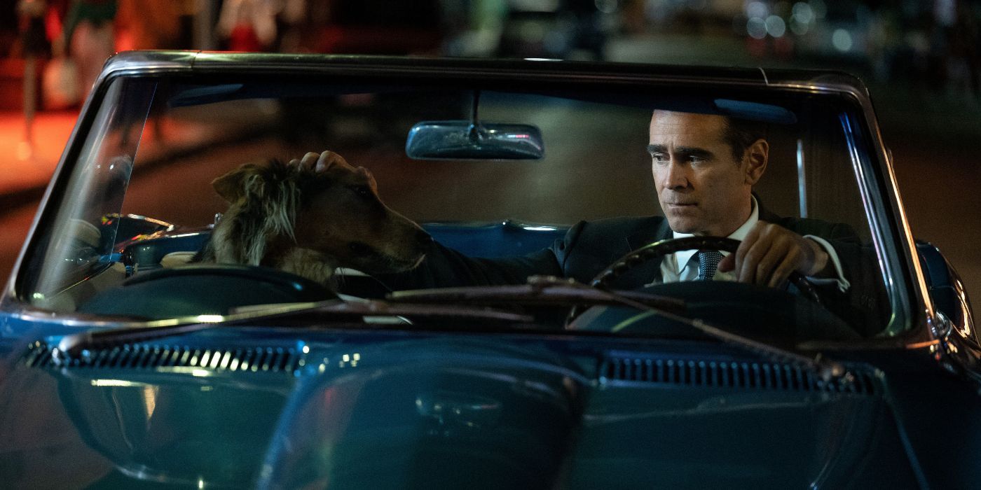 Colin Farrell as John Sugar petting a dog while driving.