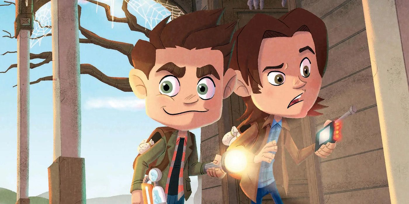 Drawn versions of Sam and Dean on the porch of a house on the cover of the Supernatural official picture book