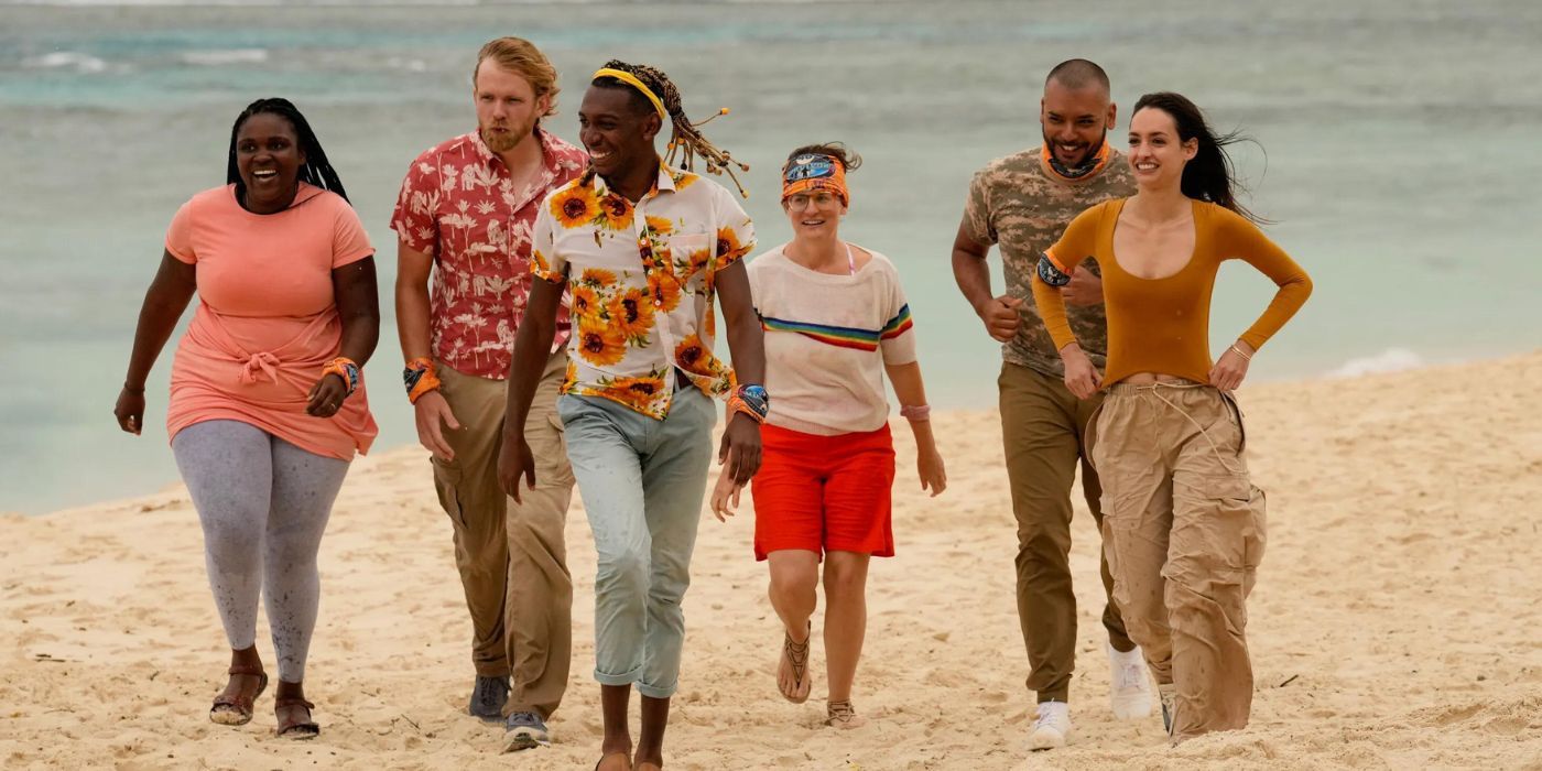 Survivor 46's Nami tribe with Soda Thompson, Tevin Davis, Liz Wilcox, Venus Vafa, Randen Montalvo, Hunter McKnight walking on the beach